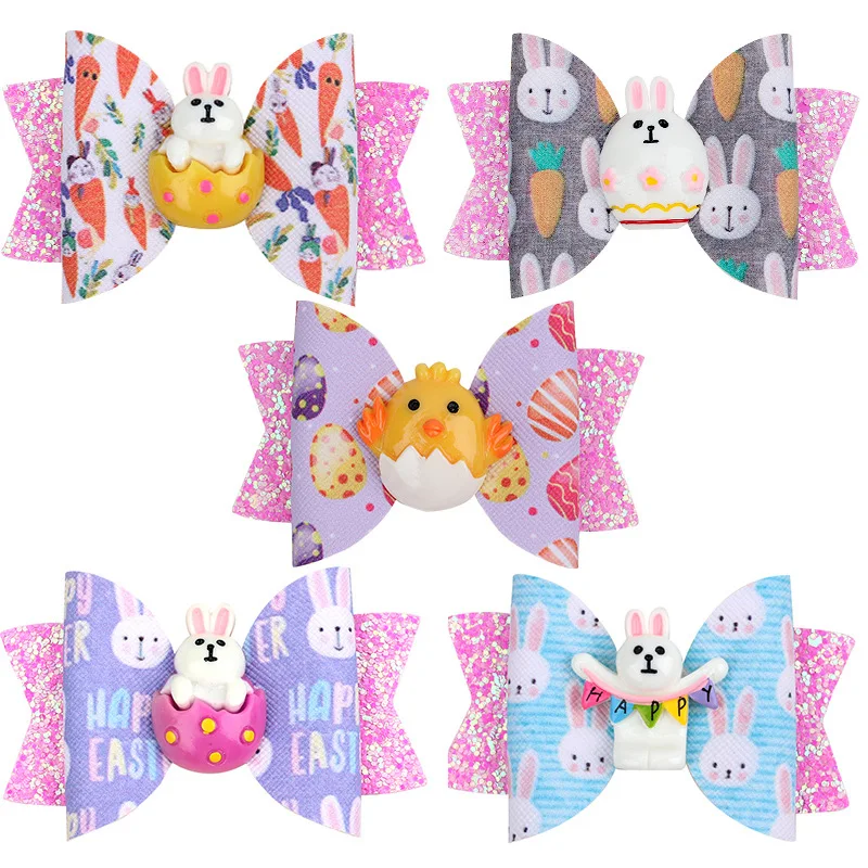 kid bow cartoon style  easter egg ribbon cute rabbit print leather Faux Pu material glitter hair bow with clip