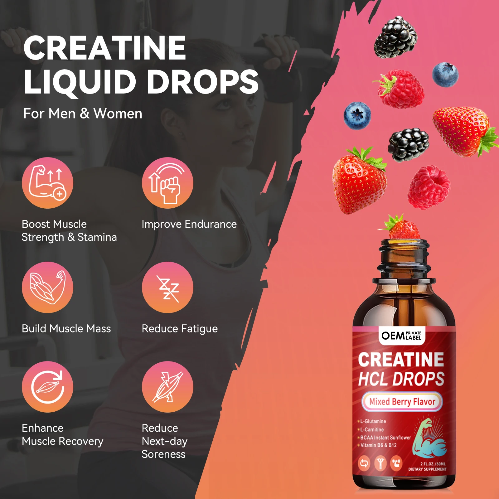 Creatine HCL Liquid Drops Creatine Hydrochloride with L-Carnitine L-Glutamine BCAA Vitamin B12 B6 Muscle Growth Recovery-Vegan