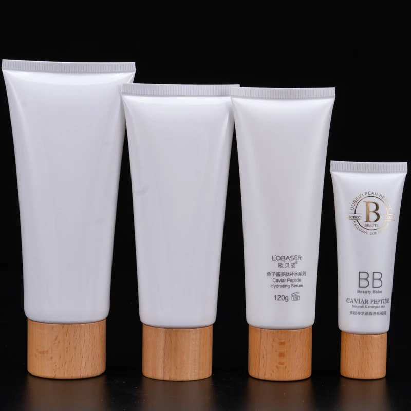 40g-150g high quality cosmetic packaging soft tube PE squeeze tube wooden screw cap for skin care facial cleanser