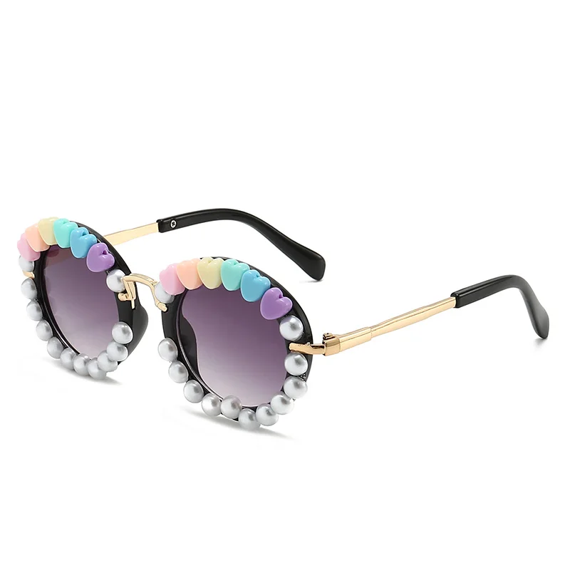 Creative DIY Fun Round Full Frame Sunglasses Girls Kids Fashionable UV Blue/Brown Lenses Black Plastic Lovely Design Logo Lenses