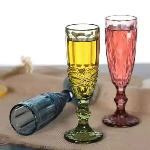 Wholesale wedding glasses Color embossed pattern Transparent Drinking cup Clear wine glasses Retro pressed water glassware