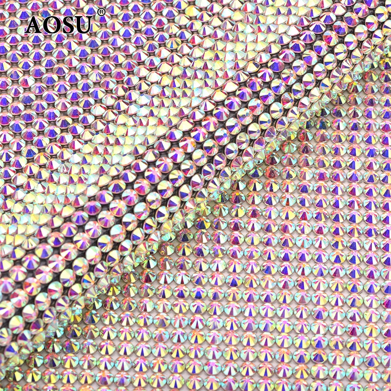 AOSU 24*40cm Diamond Strass Fabric Sheet Applique Crystal AB Self Adhesive Glass Rhinestone Trim Mesh For Clothes
