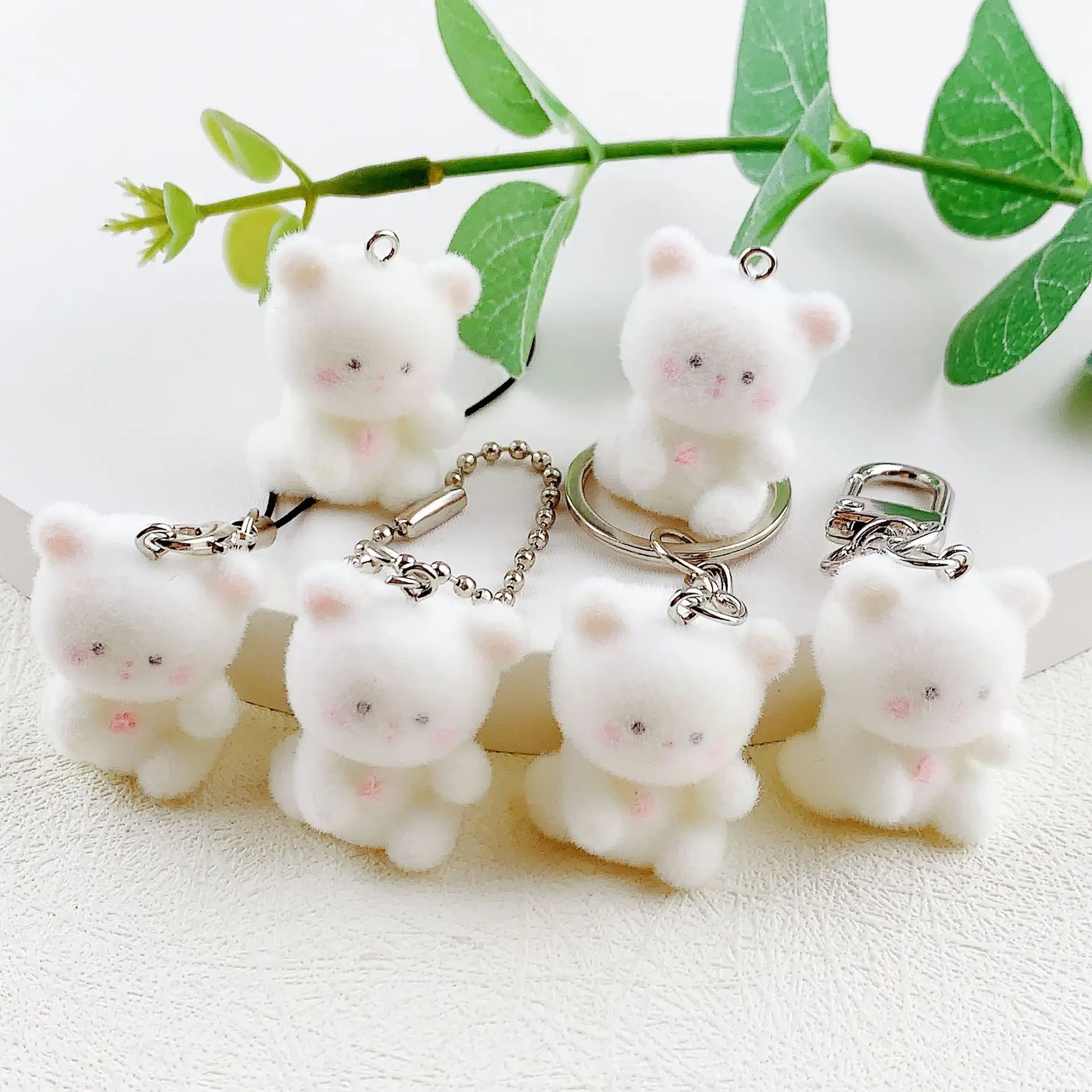 2024 Cartoon Flocking Bear Keychain Animals Doll Resin Key Chains Cute Pom Pom Keyrings Cat Dog Cow Koala Bunny Plush Keychain
