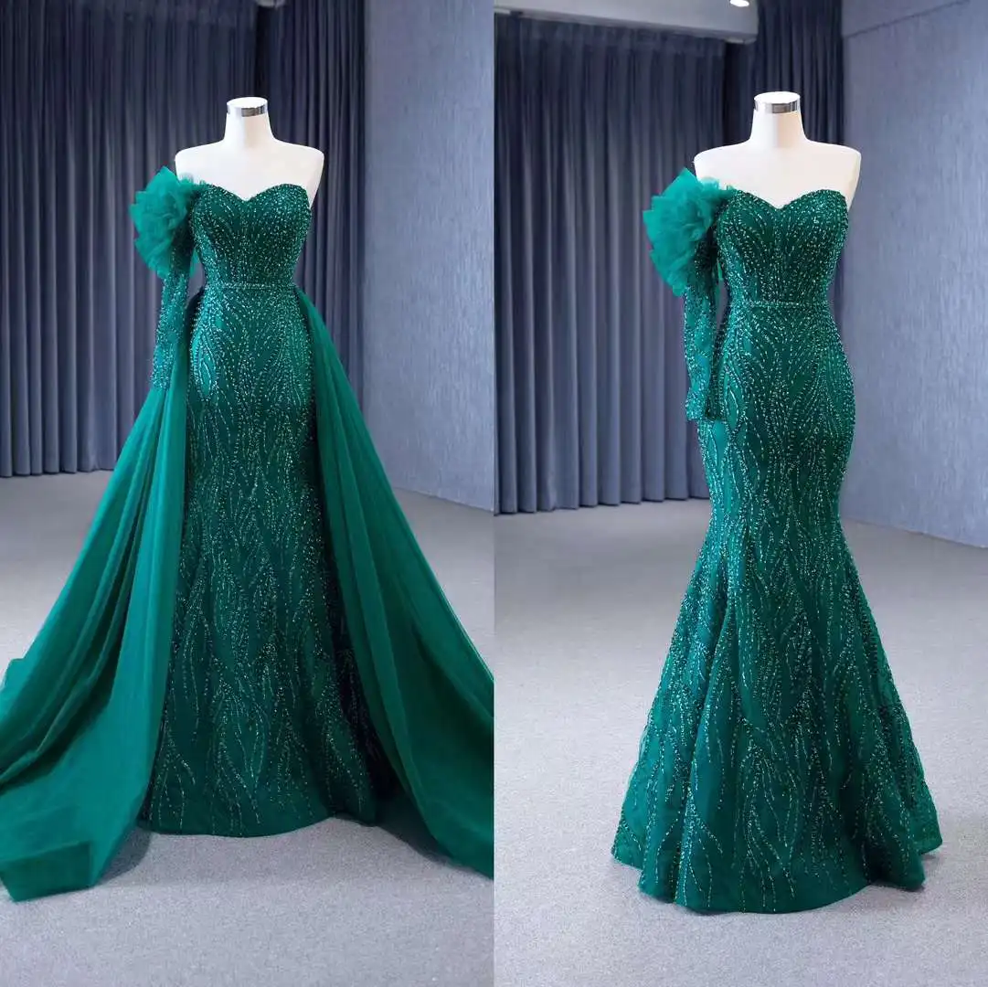 QUEENS GOWN luxury beaded mermaid evening dresses gorgeous green one shoulder quinceanera ball dresses with detachable train