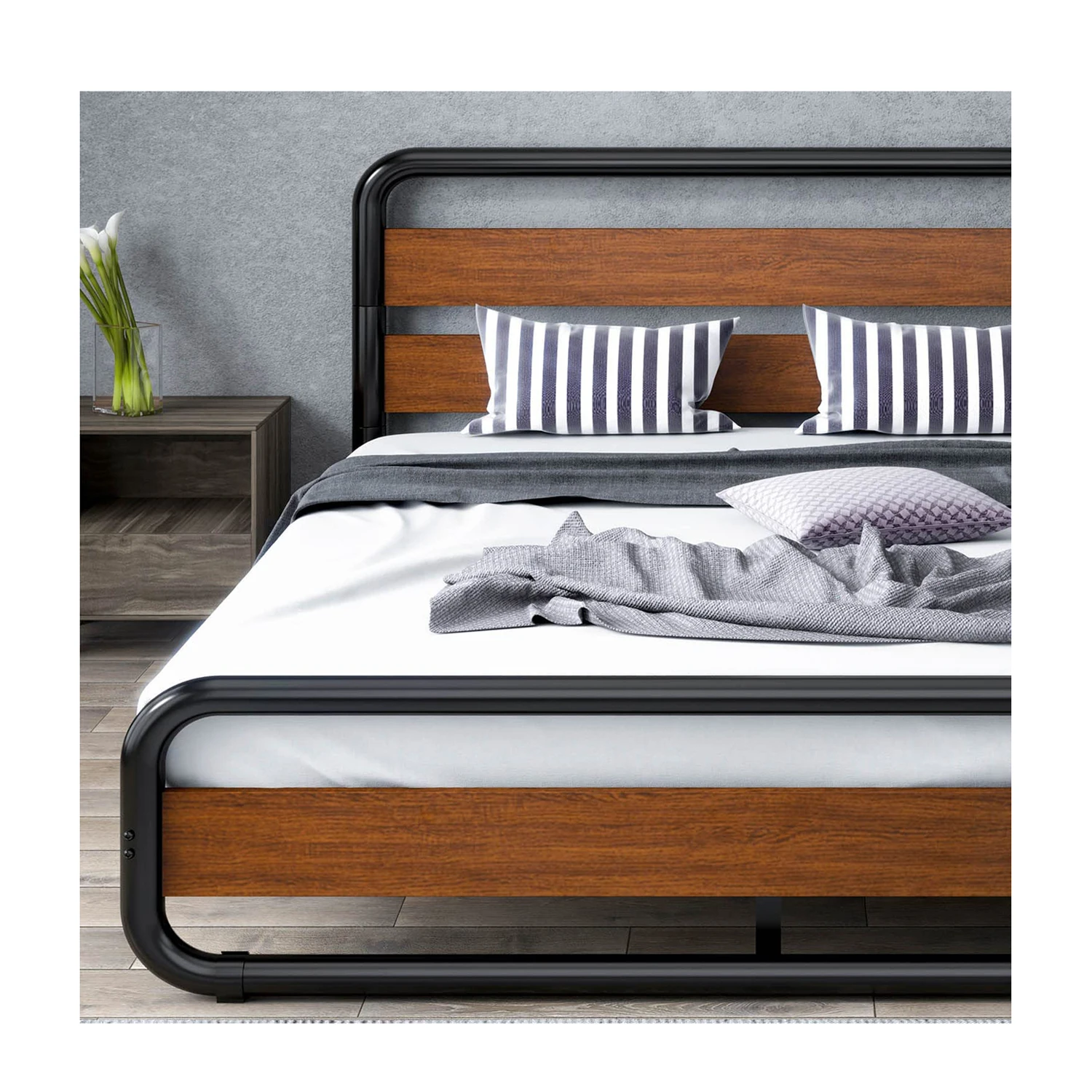 Noise-Free King Size Platform Bed Frame with Wooden Headboard and Footboard bed frame king size