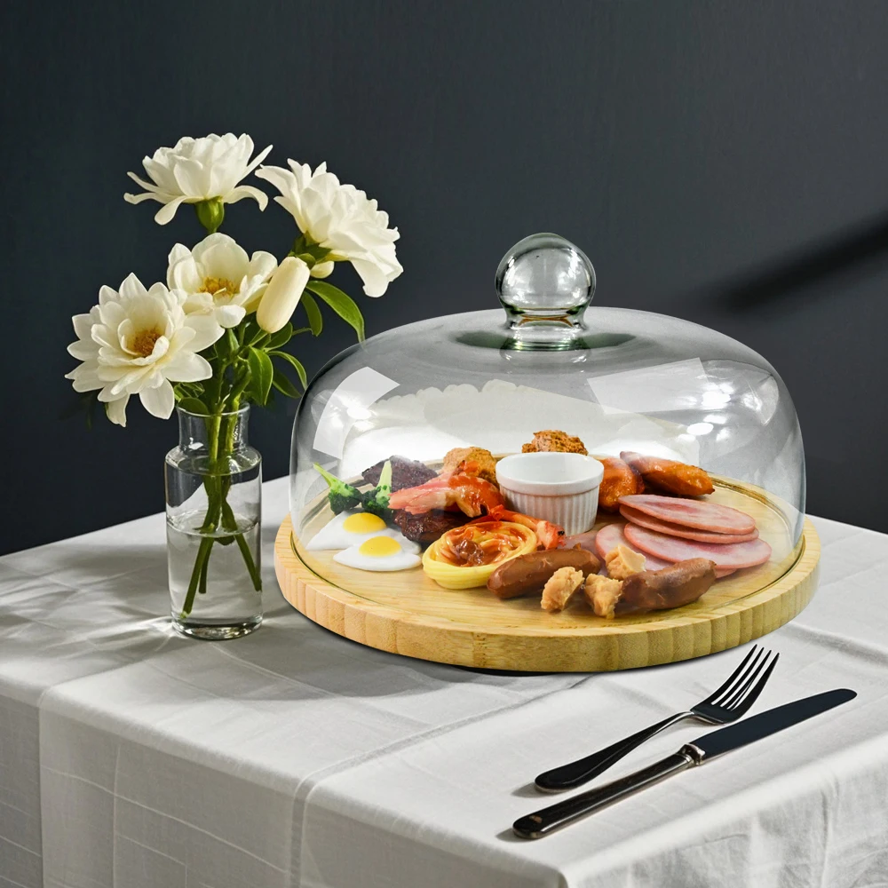 High-Grade Eco-friendly Wooden Bamboo Cake Holder Container with Round Clear Acrylic Lid  for Wedding Party Table Food Display