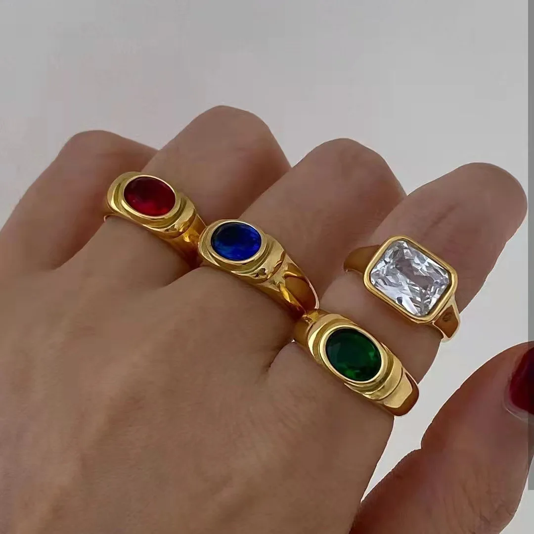 18K Gold Plated Stainless Steel Square Ring White Green Pink Cubic Zirconia Finger Ring Crystal Square Diamond Rings for Women