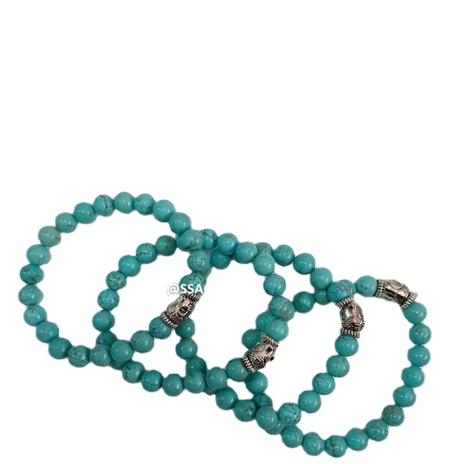 Natural 8mm Turquoise Agate Beads Bracelet with Buddha Logo Elastic Healing Crystal Beads Stone Material Eye Shape Online Sale