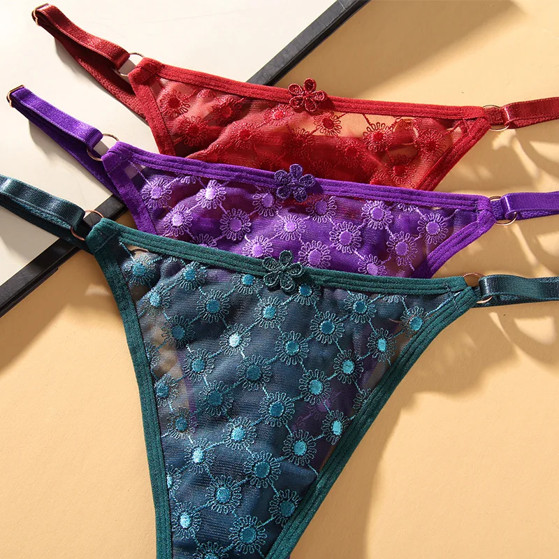 Sweet desire micro sexy floral jacquard thong female low waist breathable tulle adjustable strap ladies plus size panties