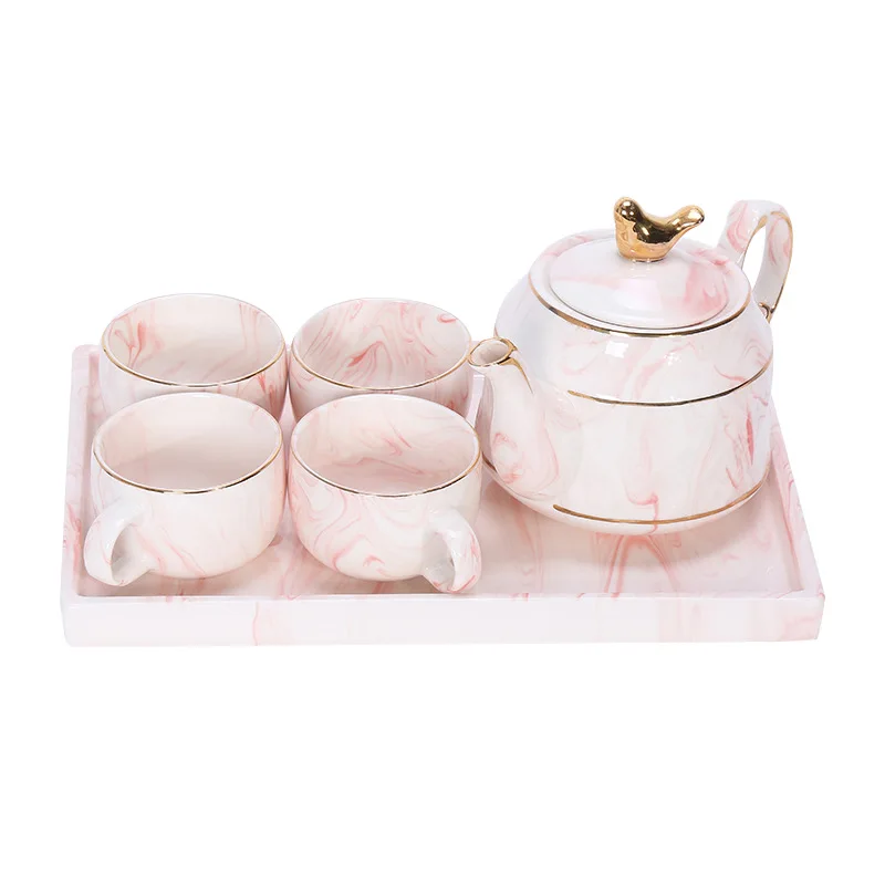 Wholesale Household ceramic porcelain creative simple marble six-piece Tea coffee quartz mug cup set with teapot