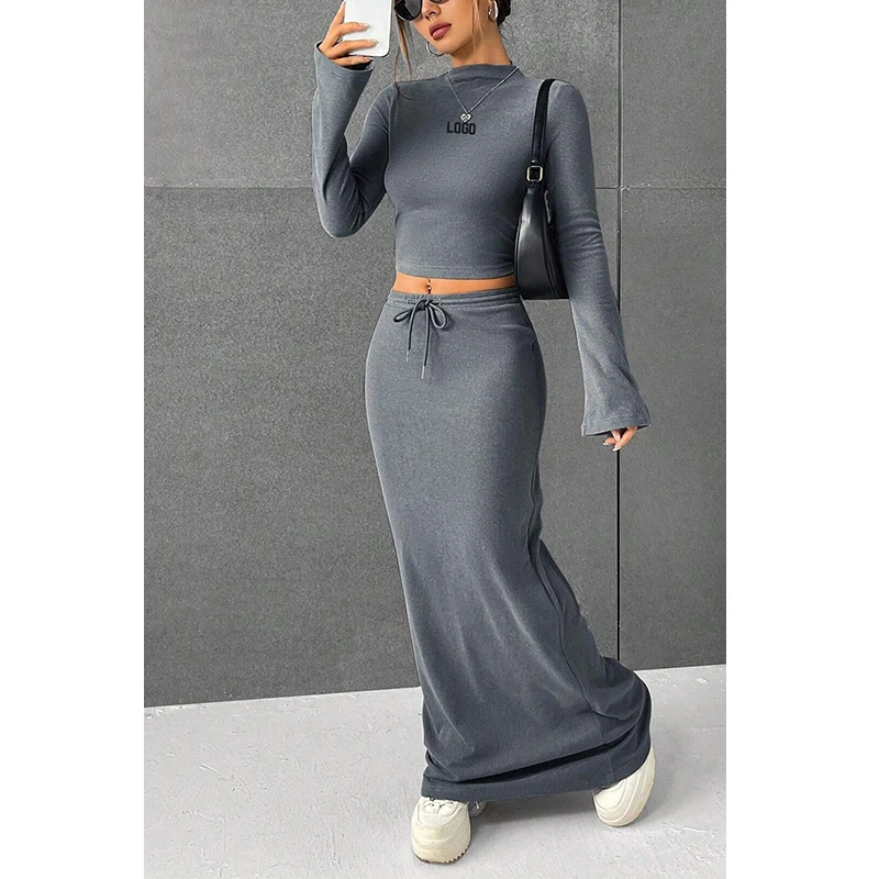 F230699 Custom Women Fall Winter Fashion Clothes Two Piece O-neck Sexy Long-sleeved Crop Top Shirt and Long Maxi Skirt Dress Set