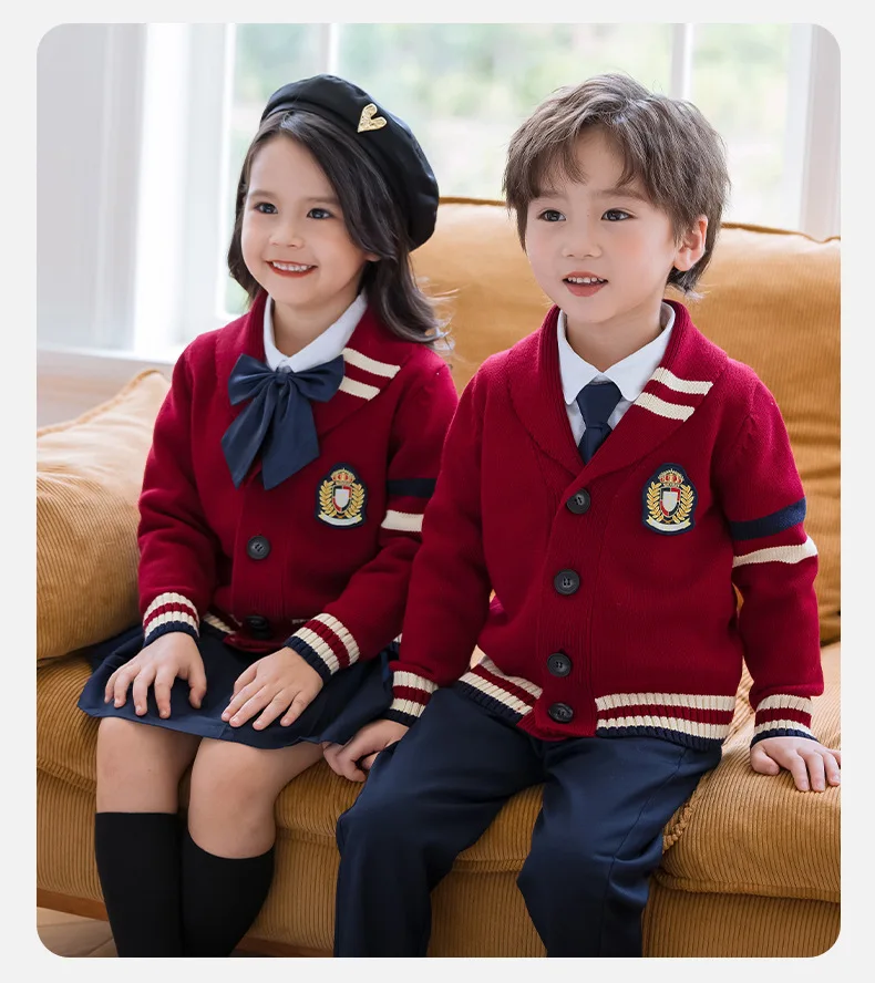 Factory Custom Kindergarten uniforms college varsity academy cardigan sweater set elementary school uniforms