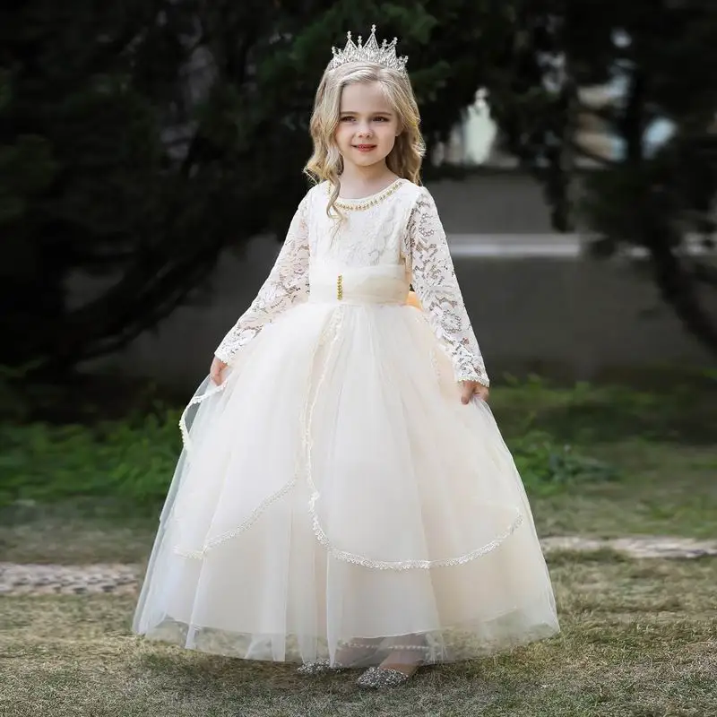Baby Boutique Prom Dress Full-length Long Lace Sleeve Children Wedding Ball Gown