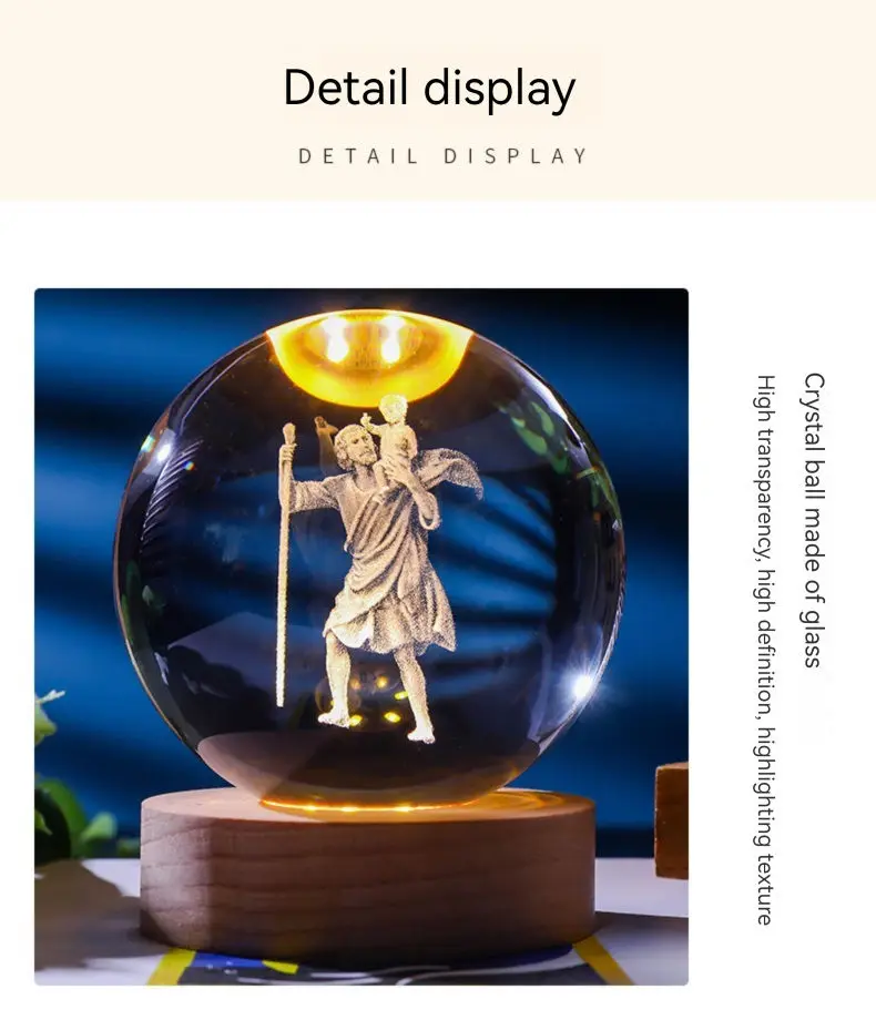 Jesus Crystal Laser Sculpted Ball Gift Decorated 3d laser sculpted crystal ball with Led light base christmas Crystal crafts