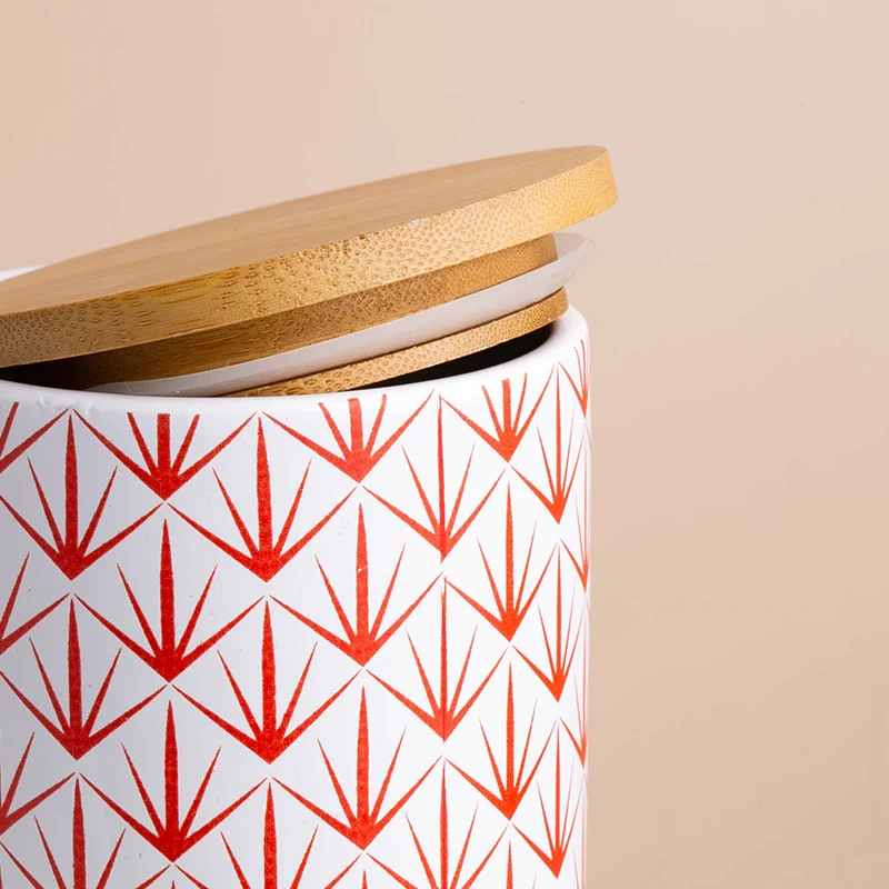 Food Storage Canister Ceramic Red Print Jar Bamboo Lid Sugar Coffee Tea Container Jar For Food