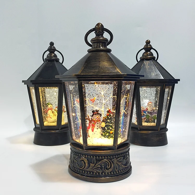 Hot Sale Hexagonal Lights Indoor Swirling Snow Globe Water Glitter Lantern Snowman Christmas Spinning Water Lantern