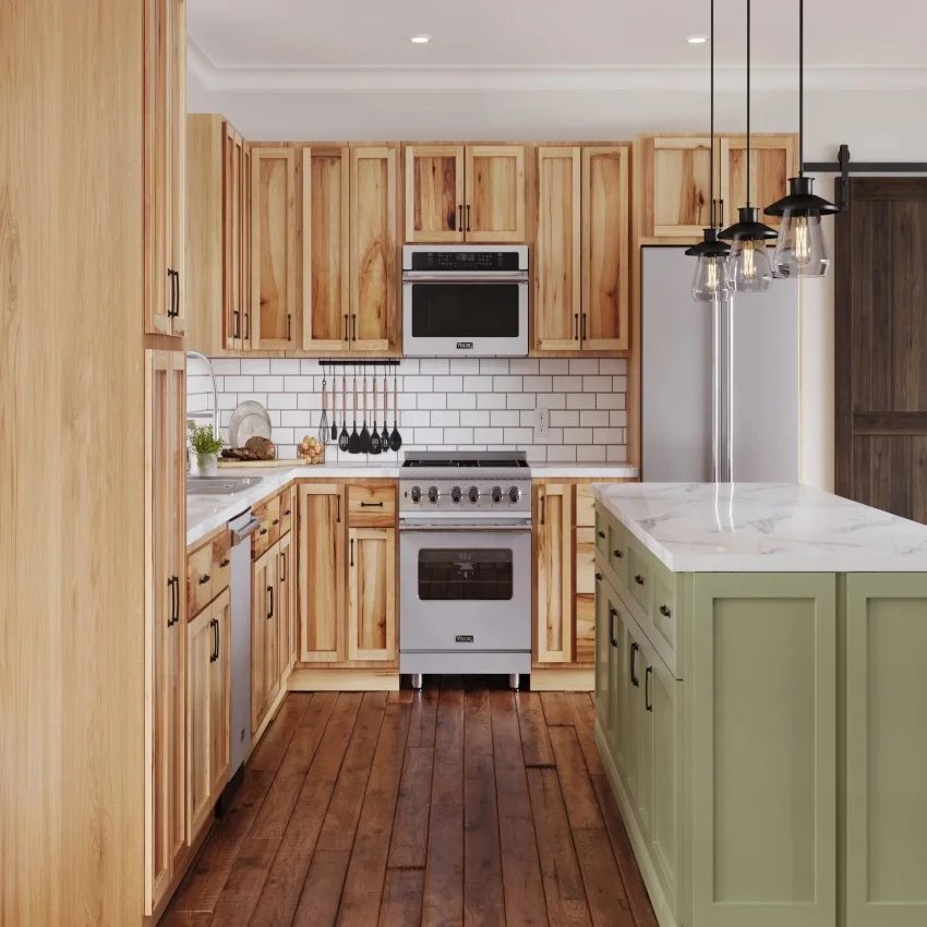 Matte solid wood modern kitchen cabinets island cabinet with green wooden door panels and white quartz countertop