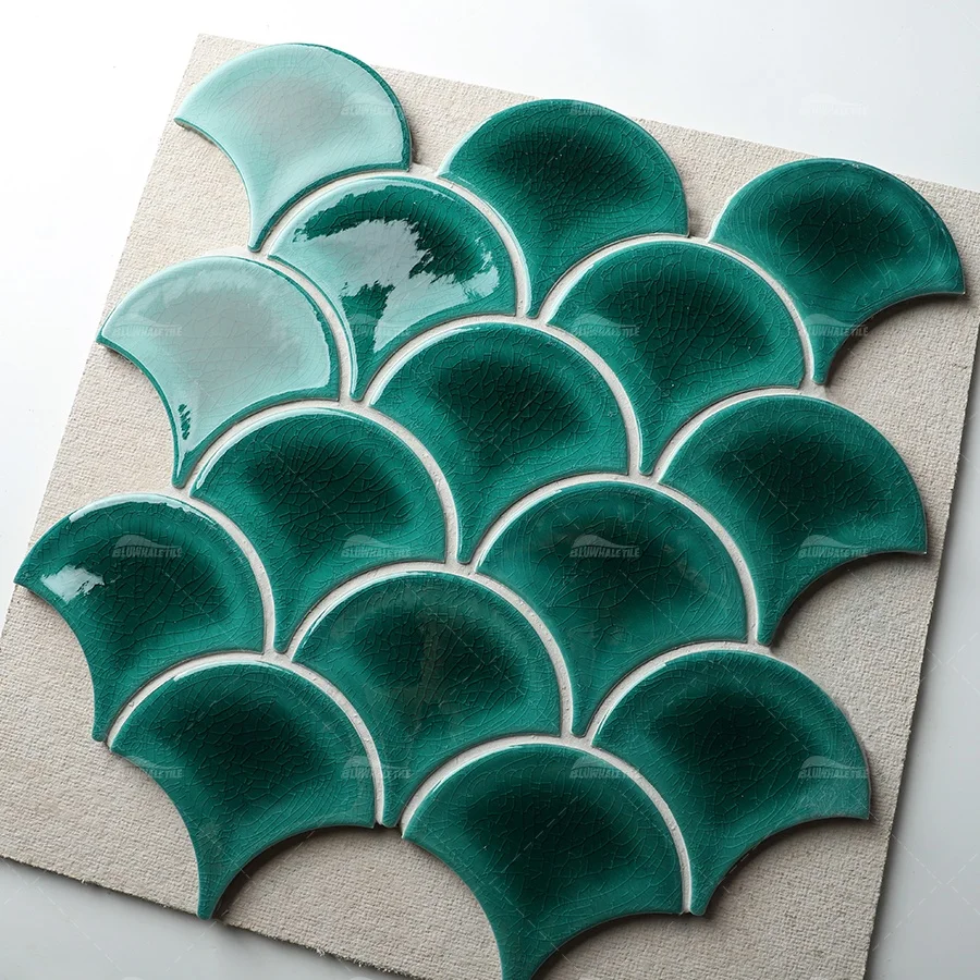 Ice Crackle Pattern Glazed Green Fish Scale Porcelain Ceramic Wall Mosaic Aqua Turquoise Fish Scale Pool Tile