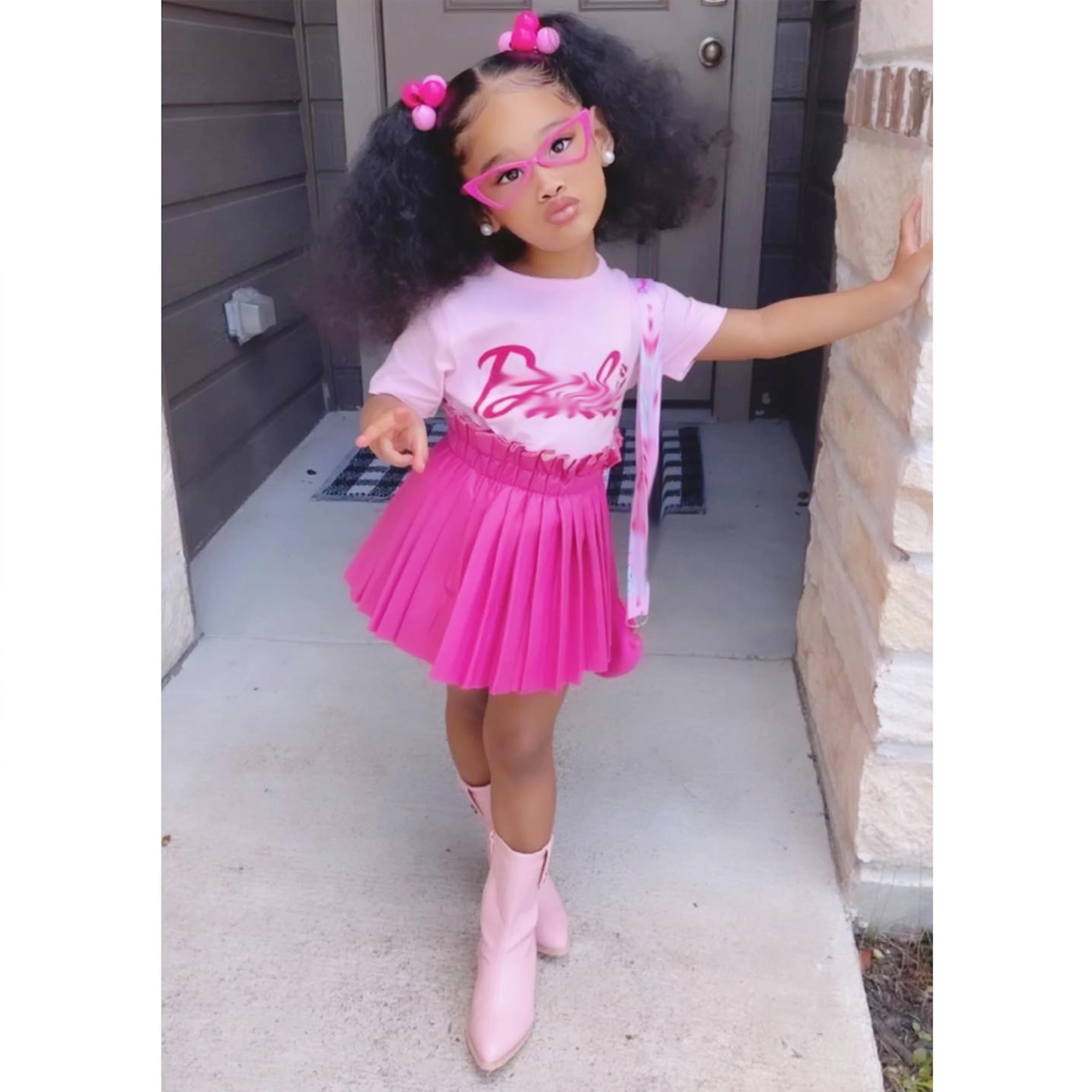 2023 Ready To Ship Kids Girls 3-Pieces Clothing Sets Children Clothing Baby Girls Casual Pink Skirt Set Kids Clothing Wholesale