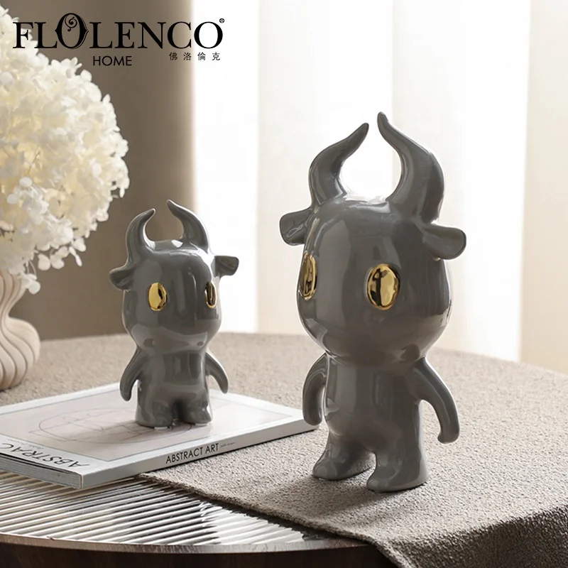Flolenco Ceramic Home Decor Cartoon Bull Statuette Interior Desk Living room Decoration Accessories Ceramic Cattle Sculpture