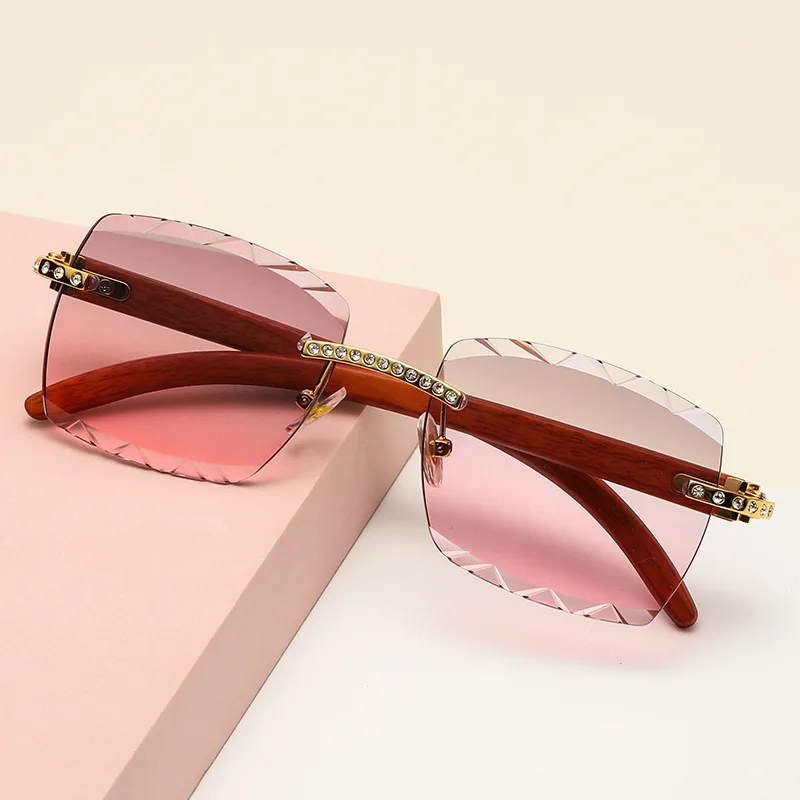 Rimless Square Sunglasses Diamonds Fashionable Wood Grain Glasses UV400 PC Black White Oversized American Customers Sunglasses