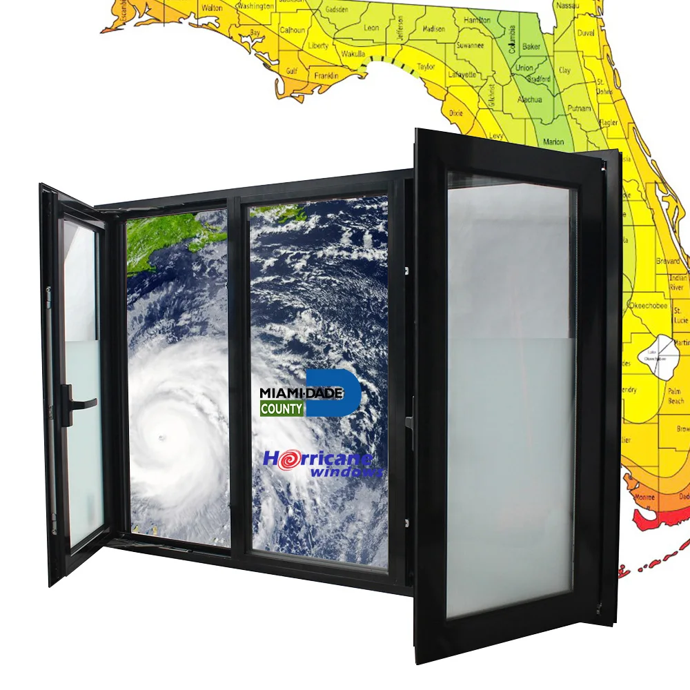 Customized Aluminum Hurricane Impact Insulation Laminated triple glazed casement window with fixed panels for villa