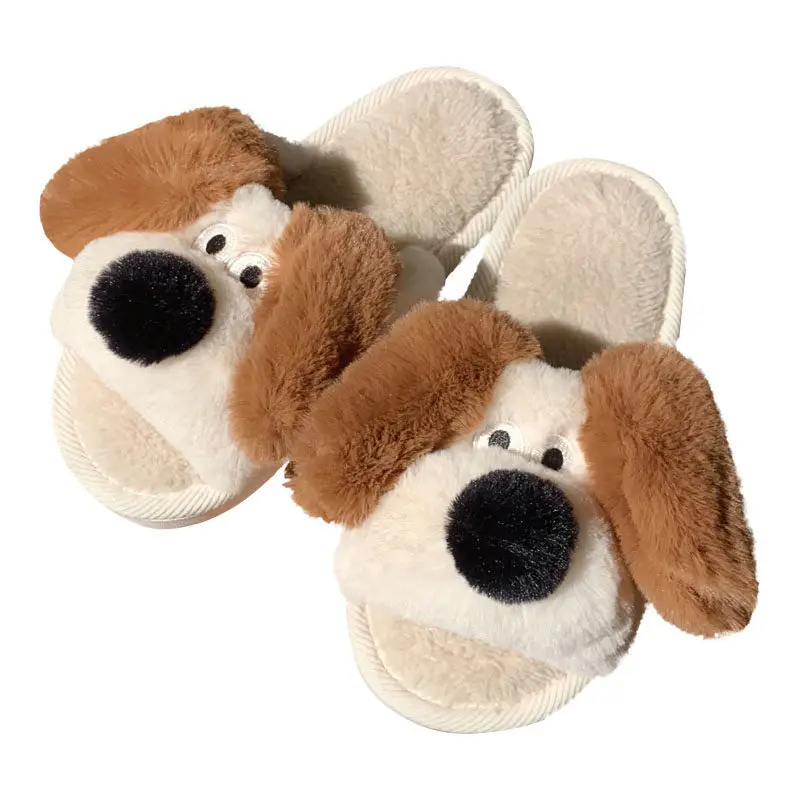 XIXITIAO fuzzy sandals dog house flat plush shoes indoor winter non slip cute animal plush slippers for women girls