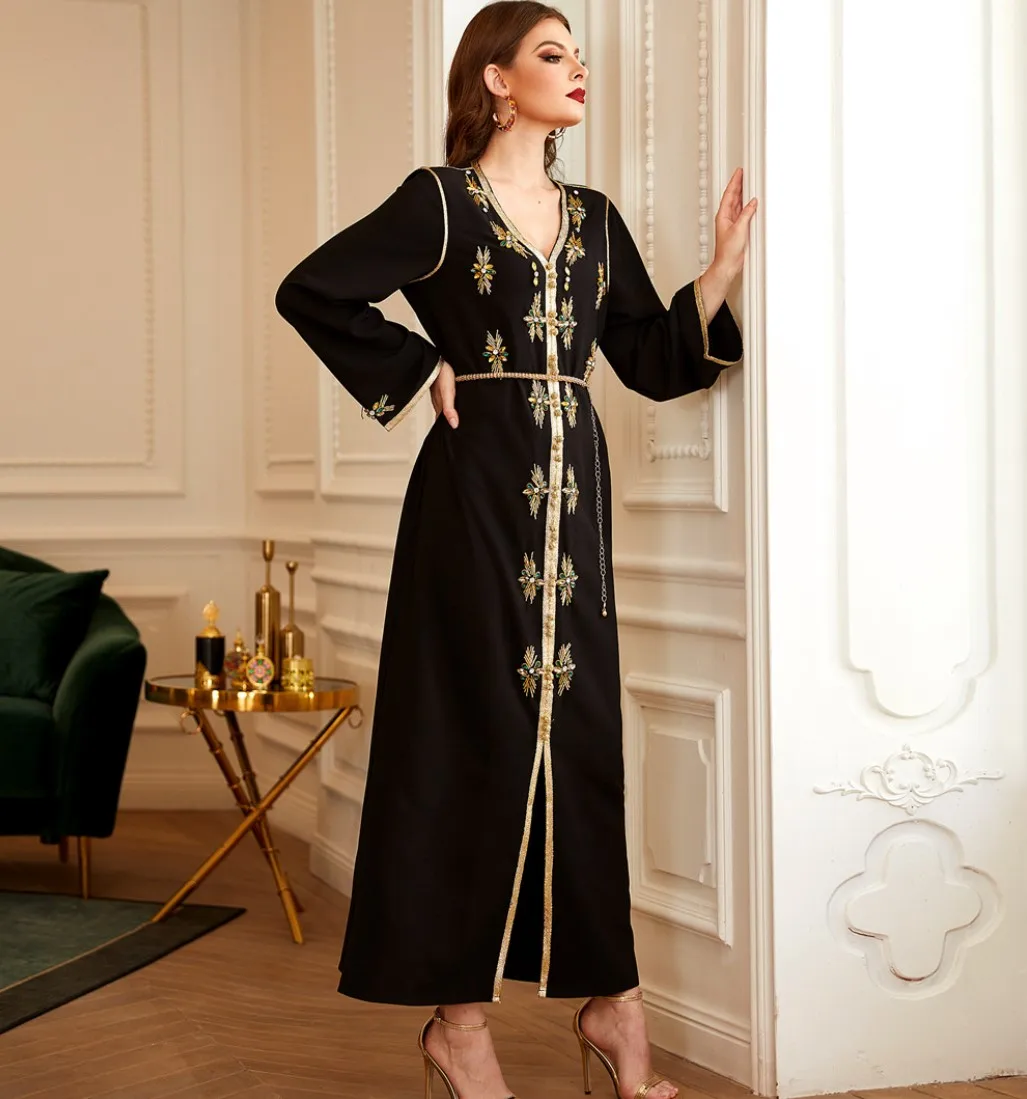 Арабская Дубай Турция ислам модная мусульманская женская одежда ручной работы с бисером роскошное черное платье поясом на талии