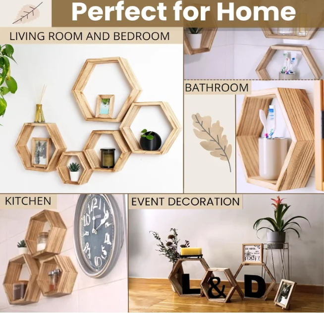 Hexagon Floating Shelves with Photo Frame Natural Premium Wood Set of 5 Hexagon Shelves for wall, Farmhouse Honeycomb Shelves