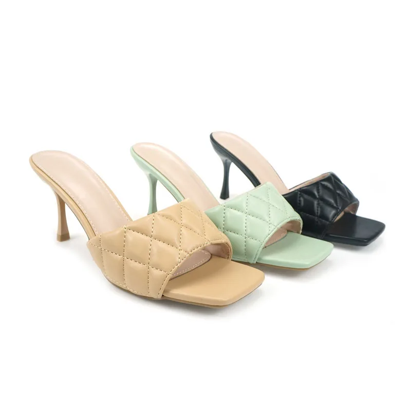 New fashion Ladies High Heels Sandals sexy Square Toe Thin Heel Female Slides Slippers Summer Mule Shoes for women