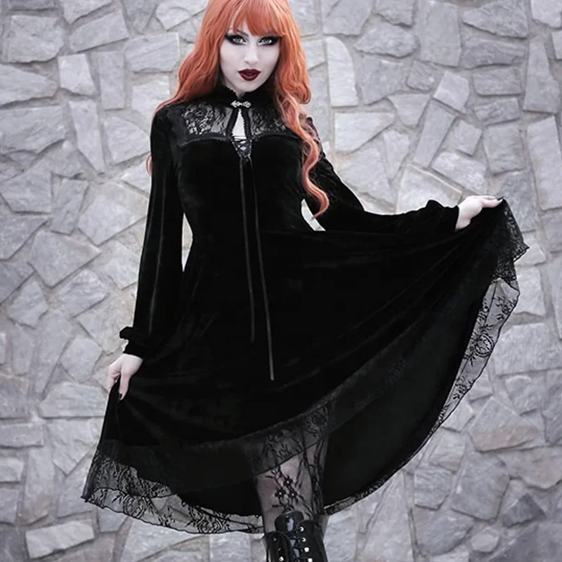 New Arrival Streetwear Punk Lace Patchwork Velvet Long Sleeve Vintage Gothic Black Dress Autumn