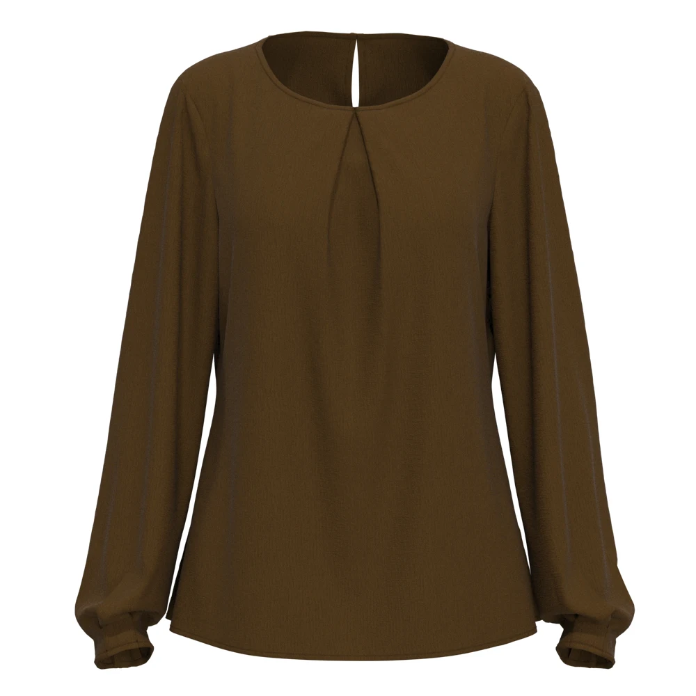 
Lady round neck pleated long sleeve solid viscose blouse for women 1005242B 