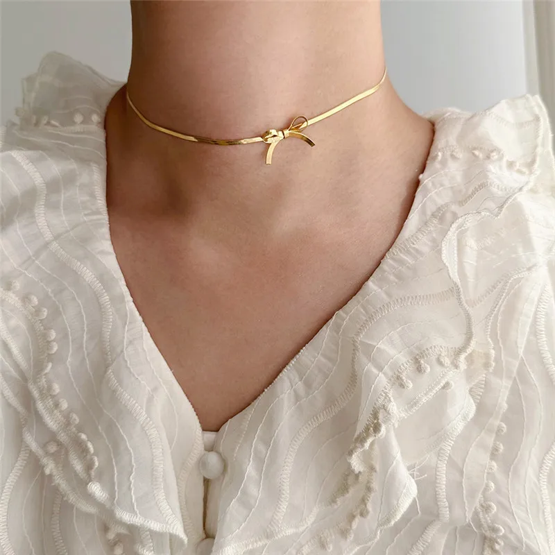 Стильные ювелирные изделия 18K Позолоченные из нержавеющей стали модная Цепочка Змея любовь бант ожерелье для женщин