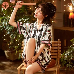 Женская пижама, летняя тонкая свободная шелковая повседневная домашняя пижама большого размера с отложным воротником и принтом из мультфильмов и надписей льда и снега, пижама из двух частей