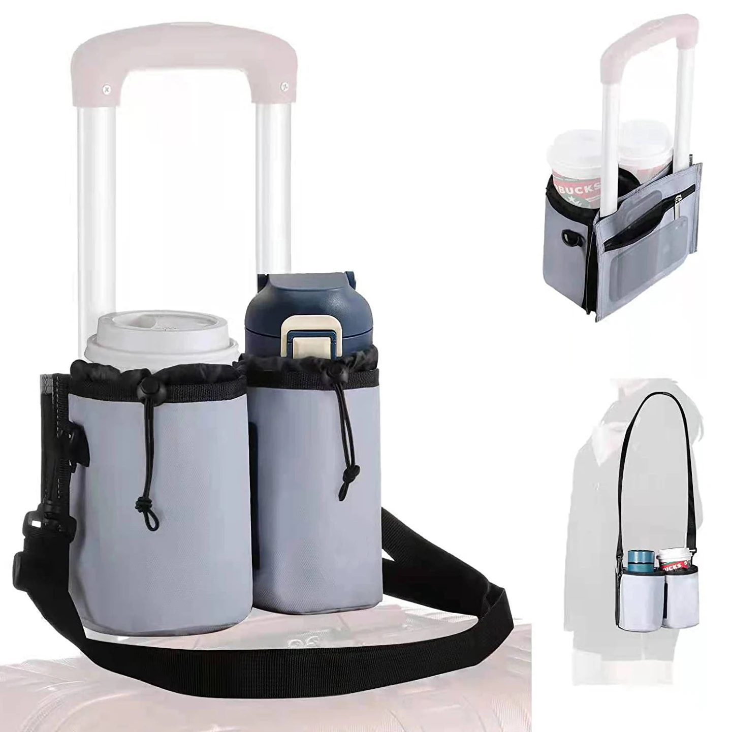 Thermal Luggage Travel Cup Holder Bag with Shoulder Strap Insulated Travel Drink Caddy Free Your Hand OEM Acceptable