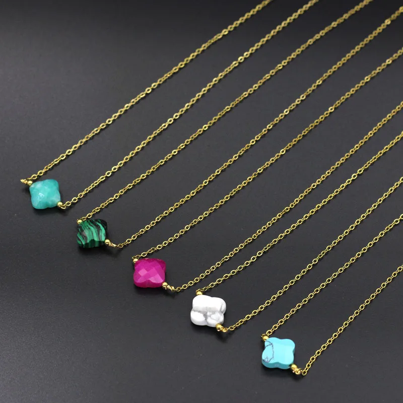 Simple Lucky Colorful Healing Crystal Tiger Eye Turquoise Natural Stone Four Leaf Clover Necklace