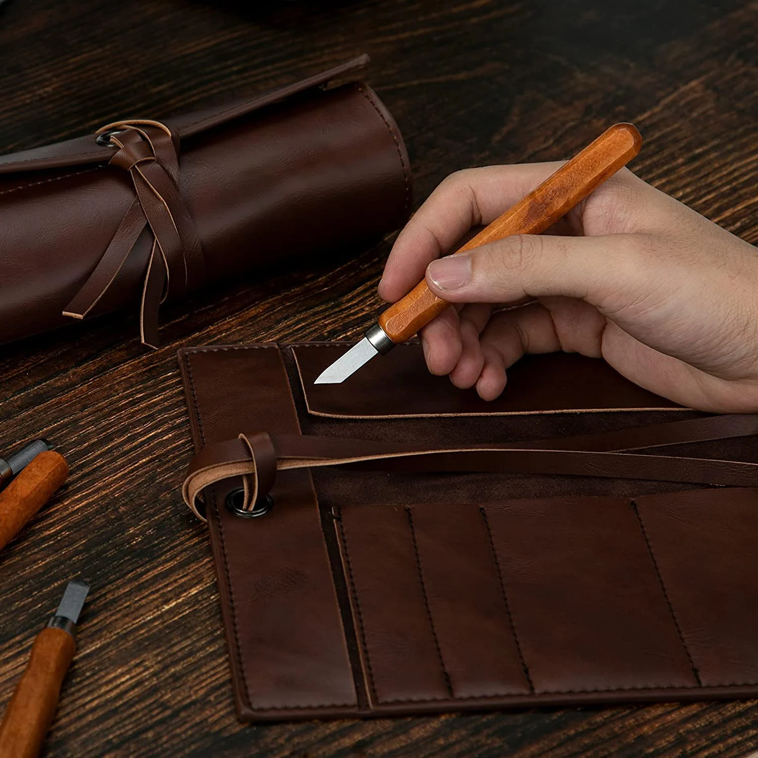 PU Leather EDC Roll-Up Tool Bag for Pen Lovers Tech Multi-Pocket for Pens Handmade Pen Pouch