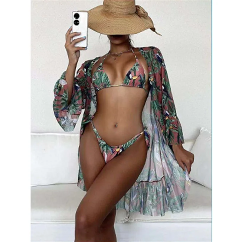 Wholesale Bikinis & Beachwear Women Bathing Suits Print 3 Piece Micro Bikini Set Swimsuit Cover Up