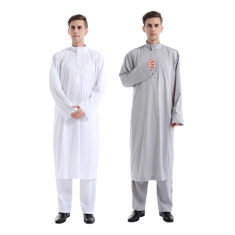 Factory Supply Muslim Abaya Men Thobe 2 Piece Set Moroccan Plus Size Plain White Islamic Men Thobe Button