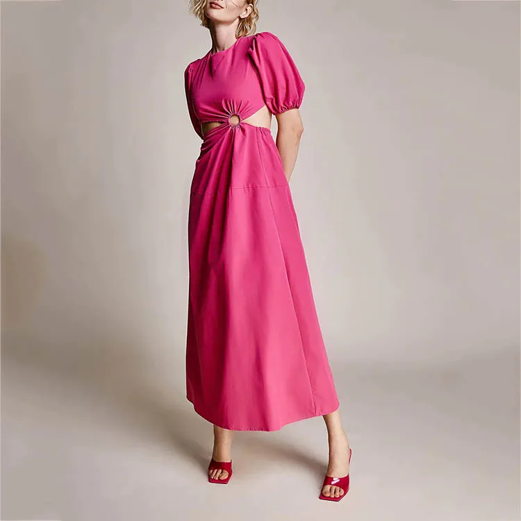 Custom Women Casual Vintage Summer Long Hot Pink O-ring Waist Cut Out Puff Sleeve Maxi Dresses