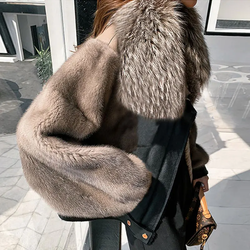 
OFTBUY 2021 Natural Mink Double Faced Fur Coat New Winter Jacket Women Real Fox Fur Collar Warm Fashion Outerwear Streetwear 