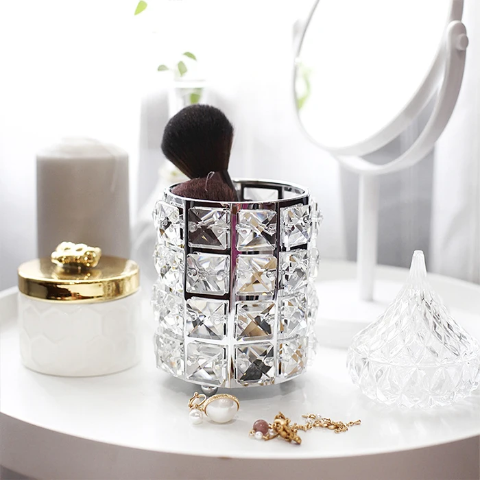 Makeup Brush Holder Crystal Makeup Brush Organizer Storage Bucket Eyebrow Pencil Pen Cup Tools Container, Silver polygon