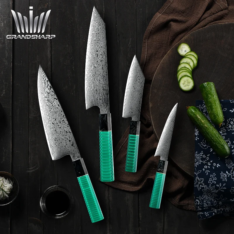 New 4 PCS 67 layers Damascus VG10 Kitchen Knife set with Resin & aluminum honeycomb green handle