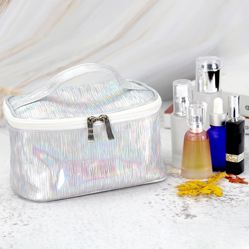 Пользовательский логотип Портативный Макияж сумка серебристый лазер PU дорожные туалетные принадлежности сумка для женщин