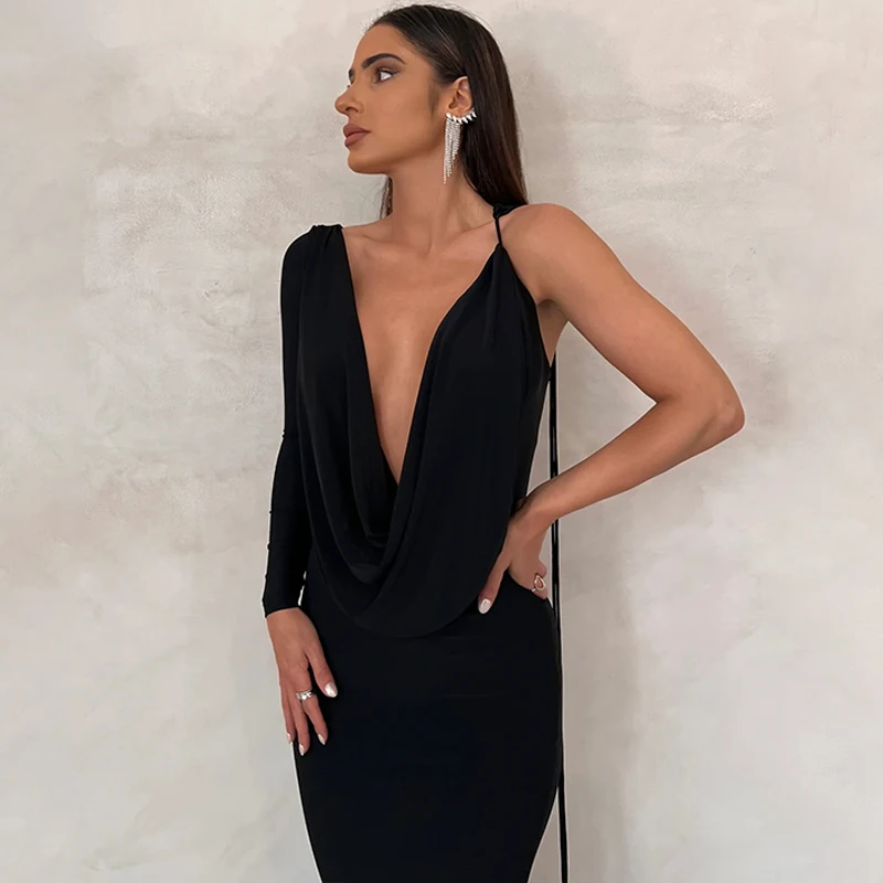 Reversible Wear Floor Length Lace Up Deep V Cowl Neck Sexy Women Ladies Prom Dress Long Sleeve One Arm Shoulder Soiree Dresses