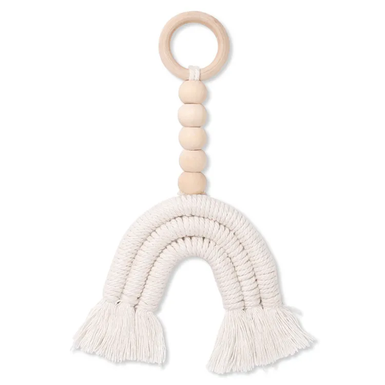 Organic Natural White Rassel Makramee Boho Sensory Toy Teethung Rings Baby Rainbow Wooden Ring Macrame Teether