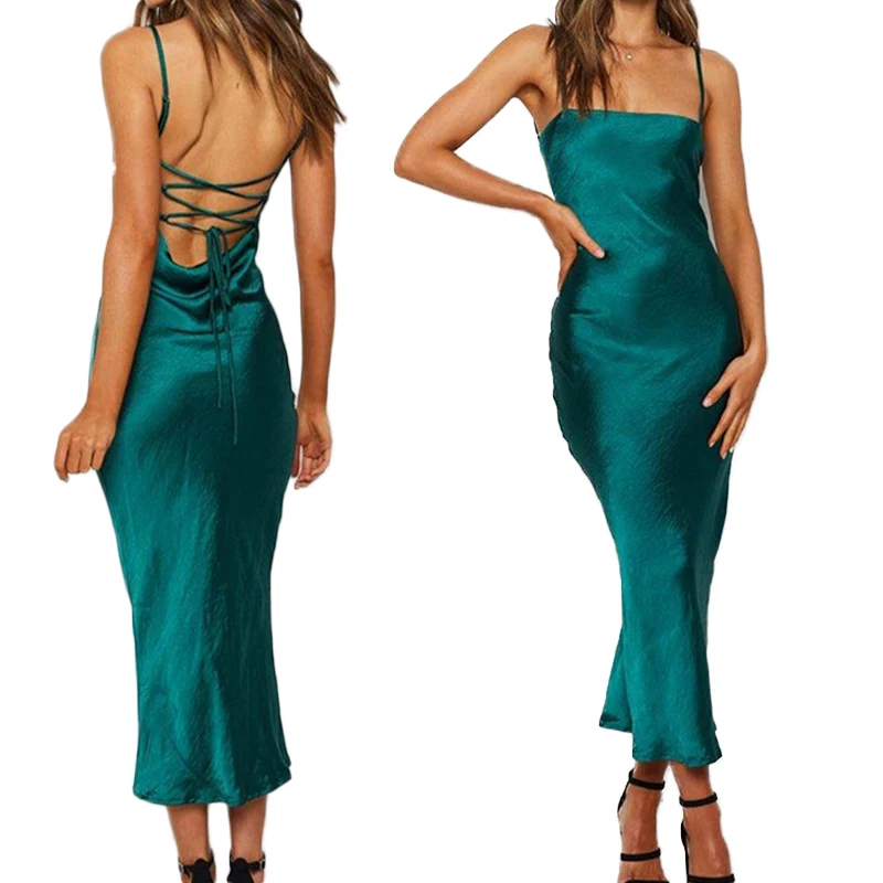 Hot Sale Ladies Sexy Club Midi Bodycon Satin Dress Elegant Green Plain Sleeveless Long Backless Dresses For Women Party Vestidos