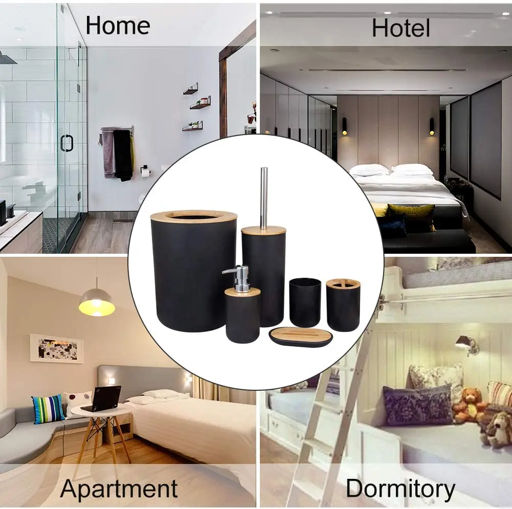 Wholesale 6 Piece Black Bamboo Bathroom Accessories Set For Home Apartment Dormitory