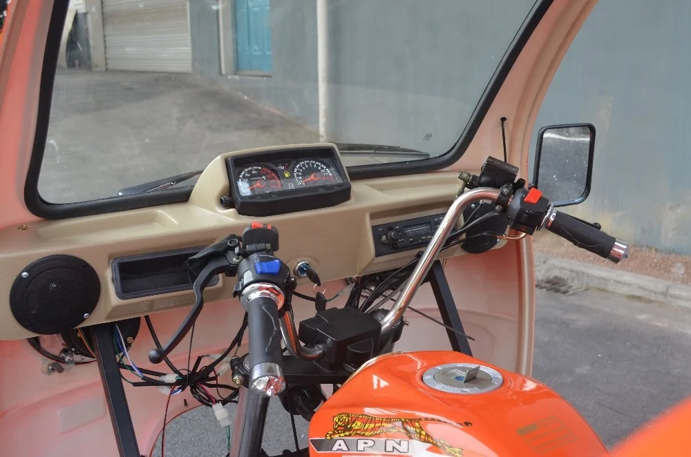 motorized gas powered three wheel cargo tricycle with passenger seats with semi-closed cabin for adult to sell