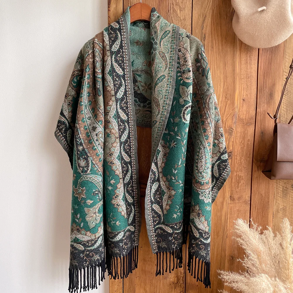 Custom Logo Ethnic Floral Cashew Scarf For Women Retro Tourist Jacquard Polyester Cashmere Tassel Upgraded Shawl
